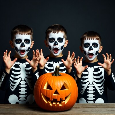 Boys in skeleton costumes with jack-o-lantern