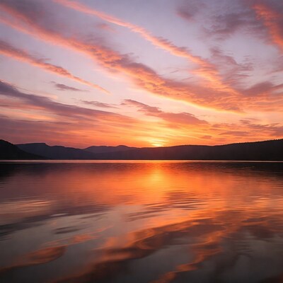 Sunset over lake with mountains
