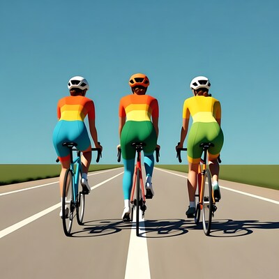 Three women cycling from behind