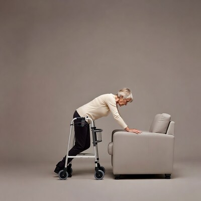 Elderly woman leaning on walker by sofa
