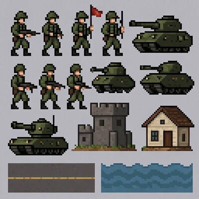 Pixel Art Soldiers Tanks Castle House