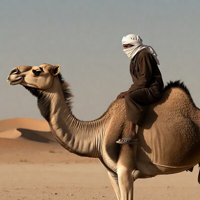 Man riding camel in desert