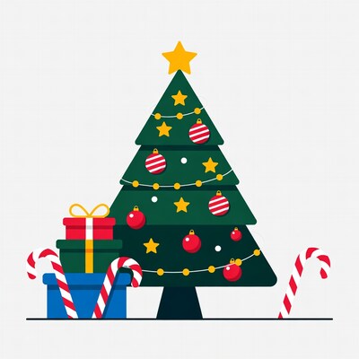 Decorated Christmas Tree with Gifts and Candy Canes