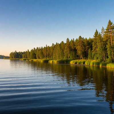 Pine Forest Lining Calm Lake Shore