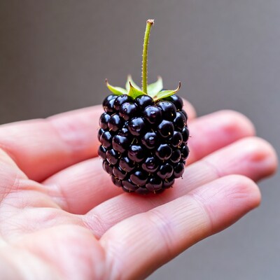 Hand holding ripe blackberry