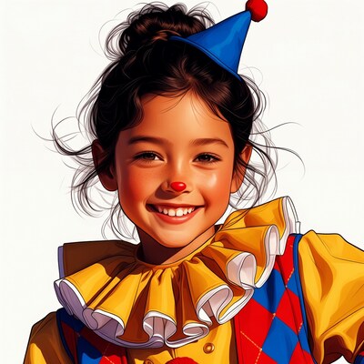 Girl in clown costume smiling