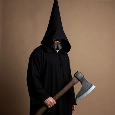 Man in black hooded robe holding axe