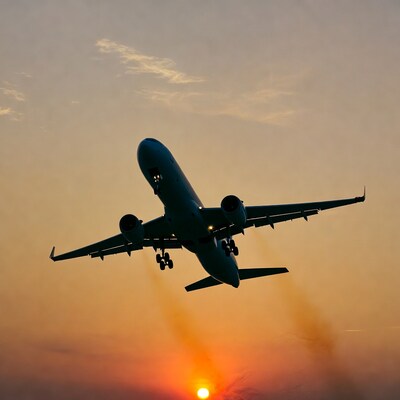 Airplane landing at sunset silhouette