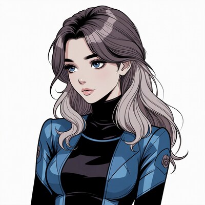 Anime girl with silver hair in blue jacket