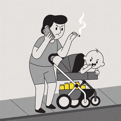 Parent smoking while pushing baby stroller