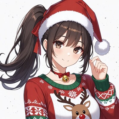 Anime girl in Santa hat and reindeer sweater