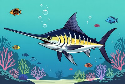 Swordfish swimming among coral reef