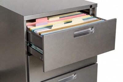 Open silver filing cabinet drawer