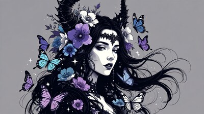 Woman with horns flowers butterflies