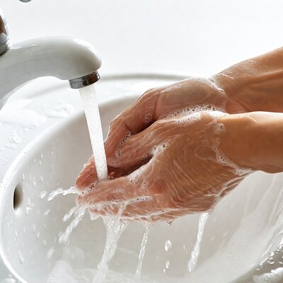 Hands washing under faucet with soap