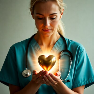 Blonde nurse holding glowing golden heart