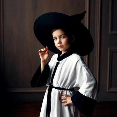 Girl in witch costume with big hat