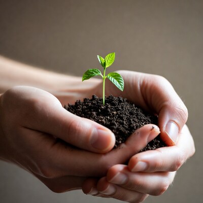 Hands holding young green plant
