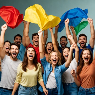 Diverse group cheering with colorful flags