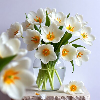 White Tulips with Orange Centers in Vase