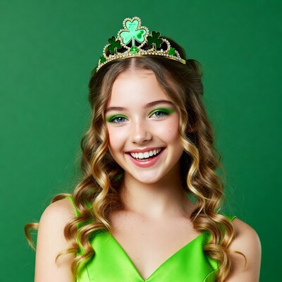 Girl wearing shamrock crown smiling
