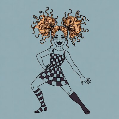 Girl in checkered dress with pigtails