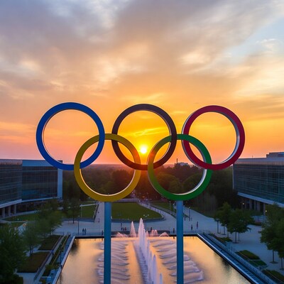 Olympic Rings at Sunset with Fountain