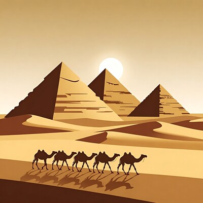 Camels walking near Giza Pyramids sunset