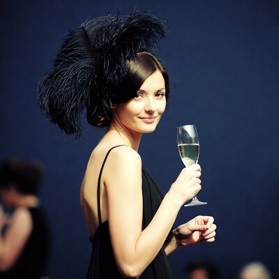 Woman with feather hat holding champagne