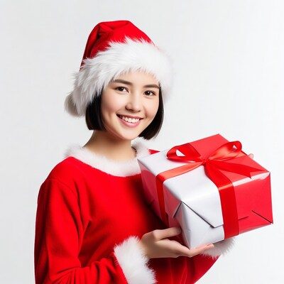 Asian woman in Santa costume holding gift