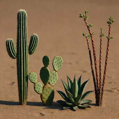 Assorted Desert Cacti on Sand