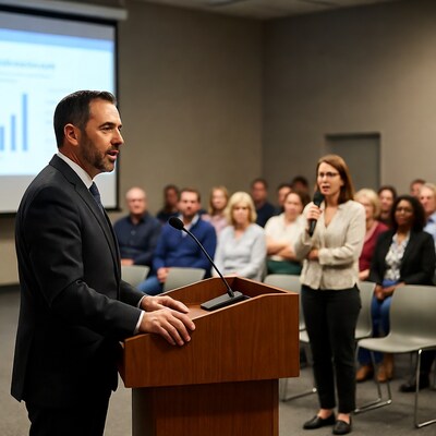 Man speaking at podium in conference room