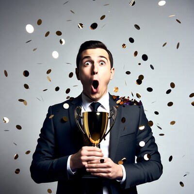 Man in suit holding trophy with confetti