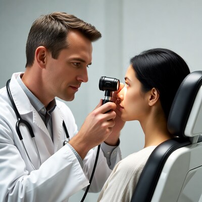 Doctor examining Asian woman's eyes