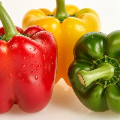 Colorful bell peppers with water droplets