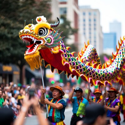 Asian men performing Chinese dragon dance