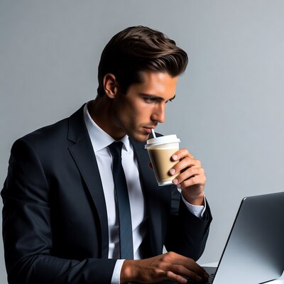 Man in suit drinking coffee at laptop