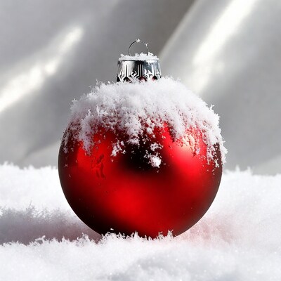 Red Christmas ornament with snow