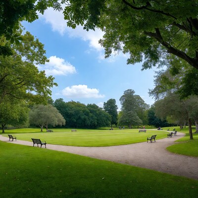 Lush park with benches and people