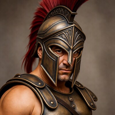 Man in red-crested bronze helmet
