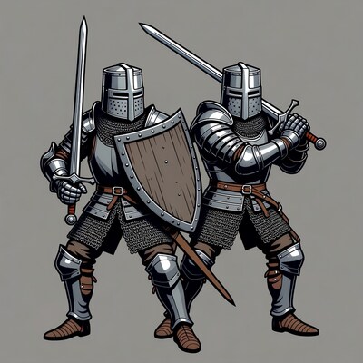 Two Knights Fighting with Swords