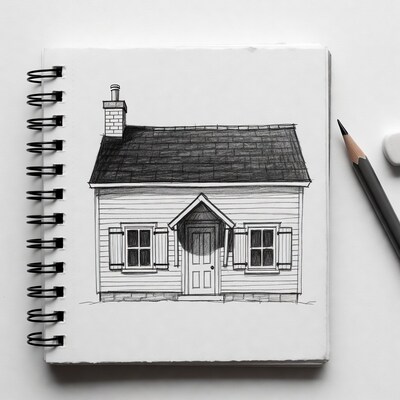 Pencil sketch of house in sketchbook