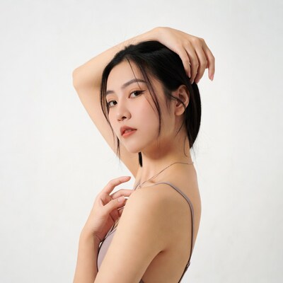 Asian woman hand on head in camisole