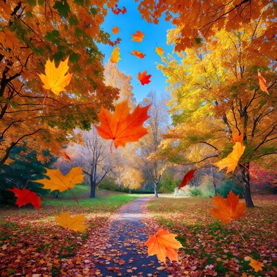 Autumn Path with Falling Maple Leaves