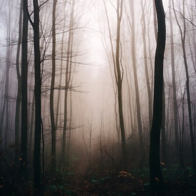 Foggy Forest with Tall Bare Trees