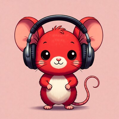 Cute red mouse wearing headphones