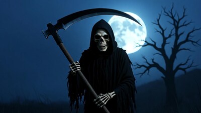 Grim Reaper with scythe under moon