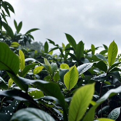 Rain droplets on green leaves