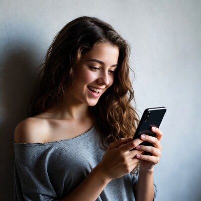 Smiling woman using smartphone