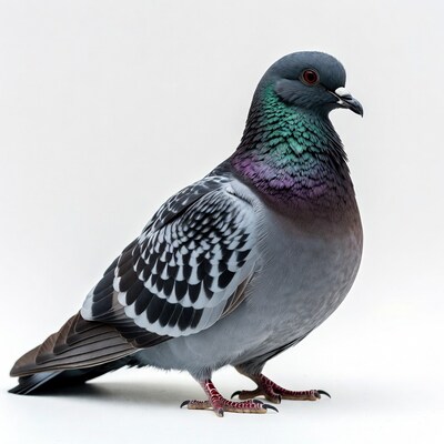 Iridescent rock dove pigeon on white background